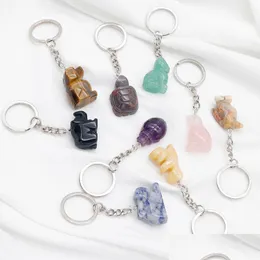 Keychains & Lanyards Natural Stone 1 Inch Carving Animal Key Rings Dog Cat Dinosaur Tortoise Healing Crystal Car Bag Decor Keychain Ke Dhmdf