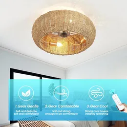 Chandeliers Caged Ceiling Fan With Lights Flush Mount Low Profile Rattan Fans And Remote Control E
