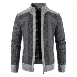 Camisolas masculinas inverno homens casaco de malha de pelúcia contraste cores retalhos respirável engrossar mangas compridas gola quente outono cardigan