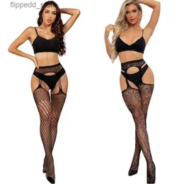 Sexy Socks Women Black Stockings With Belt Set High Fishnet Tights Erotic Lingerie Sexy Pantyhose Long Mesh Lace Stocking Jacquard Rosette Q231122