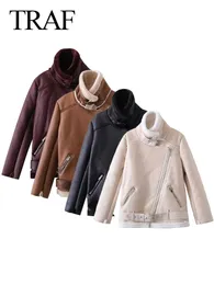 Pelliccia sintetica da donna TRAF 2023 Moda femminile Capispalla termici Colletto alla coreana Manica lunga Cintura Tasche Cerniera Inverno Chic Calore Giubbotti per le donne 231120