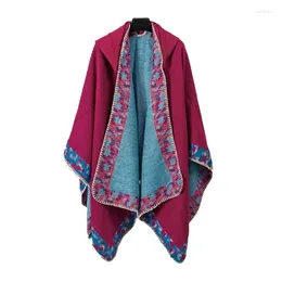 Scarves Women Ethnic Floral Hooded Poncho Cape Shawl Wrap Winter Fall Warm Knitted Blanket Open Front Sweater Coat Cardigan