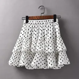 Kjolar koreanska söta damer polka dot chiffon cake kjolar sommar kvinnor hög midja puffy temperament a-line veckad kjol femme 230422