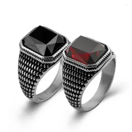 Cluster Rings Masculine Bands Square Red Black Agate Zircon Diamonds Bague Titanium Rostfritt stål för män Cool fingertillbehör