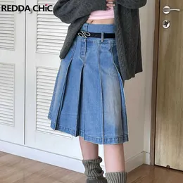 Skirts REDDACHiC Vintage Knee-length Midi Long Pleated Denim Skirt Women Acubi Fashion Grunge Y2k Streetwear Blue Jeans Bottoms Female P230422