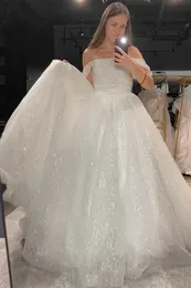 2024 brilhante branco lantejoulas tule uma linha vestidos de casamento até o chão fora do ombro vestidos de noiva longos glitter vestido de noiva feito sob encomenda