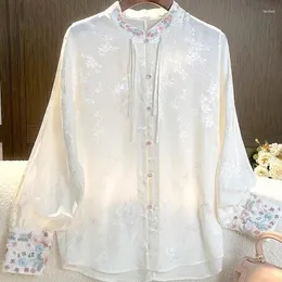 女性のブラウス中国のスタイルの改善ハンフーエクソワイズ刺繍ジャックドトップレトロスタンドカラー長袖の白いブラウスタンスーツ