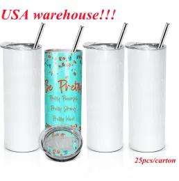 US CA STOCK 25pcs /Carton Sublimation straight tumbler 20oz blank white sippy cup water bottle Stainless Steel Insulated Car Mugs 1122