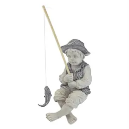 Trädgårdsdekorationer Staty Gone Fishing Boy Ornament Harts Fisherman With Rod Figurskulptur för Pool Pond Yard238T