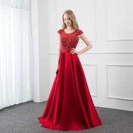 Party Dresses Collection Red Satin Stones Long Prom O Neck Beaded Evening Gown Pageant Formal Dance Ball Gowns Cap Sleeve