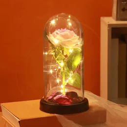 Decorative Flowers Valentine Gift Simulation Rose Flower Glass Cover LED Home Decoration Eternal Acrylic Ornament Pretty