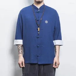 メンズカジュアルシャツ2023men中国スタイルのハンフシャツタンスーツリネンソリッド伝統的な男性トップコットン刺繍着着