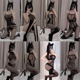 Czarne seksowne przezroczyste pończochy pełne ciało żeńskie erotyczne otwarte krocze body lenceria erotica mejr seksi cosplay kostiumy