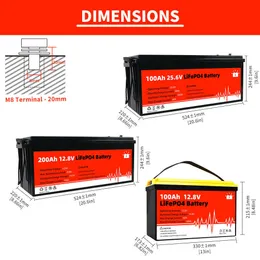 LifePo4 Battery Pack 12V 50AH 100AH ​​200AH 24V Inbyggd BMS helt ny laddningsbar litiumjärnfosfatcell för golfvagnar RV