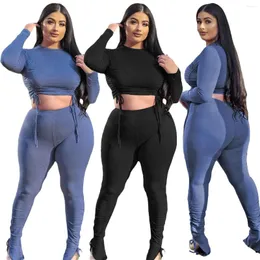 Kadınlar İki Parçalı Pantolon 2023 Bahar 2 Parçalı Koyu Knaklı Çukur Şeridi Spor Giyim Uzun kollu Çizme