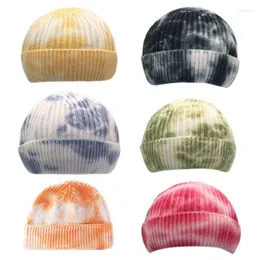 Berets Unisex Winter Warm Gerippte Strickmütze Tie-Dye Harajuku Hip Hop Skifahren Kurze Melone Cuffed Skull Hat