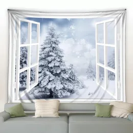 Tapestries Winter Pine Forest Landscape Tapestry White Snowflake Christmas Tree Wall Hanging Blanket Living Bedroom Dorm Decoration Curtain 231122