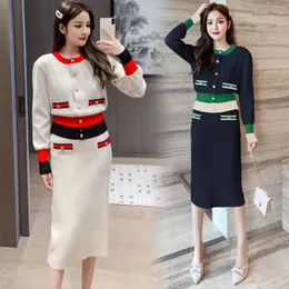 Tvådelad klänning Korean stickad 2 -stycken Kvinnor Single Chest Panel Sweaterelastic midje Skiddräkt Autumn Elegant Set 231121