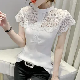 T-shirt da donna #7476 Camicia in chiffon bianco nero Wemen Spliced Lace Scava fuori T-shirt da donna vintage sexy con colletto alla coreana