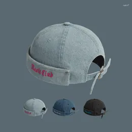 Berets Washed Denim Men Hat Women Docker Cap Beanie Sailor Worker Rolled Cuff Brimless Embroidery HipHop Casual Bonnets For