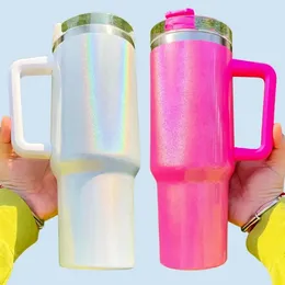 40oz Glitter Blank Sublimation Tumblers Shimmer Holographic Rainbow Insulated Mug mit Griff für Heißdruck-Edelstahl-Thermos-Wasserflaschen-Trinkbecher