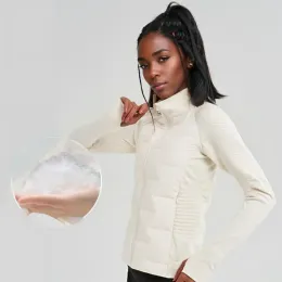 LL Novo casaco de ioga feminino de alta qualidade com penas de ganso branco 90% casaco de malha leve jaqueta com zíper no pescoço de manga comprida Lu-18 inverno correndo suéteres quentes