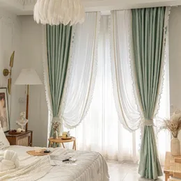 Vorhang aus französischer Spitze, Seide, Baumwolle, Wohnzimmer, Schlafzimmer, Erkerfenster, Balkon, Verdunkelung, Perlenmädchen, grün, dekorative Vorhänge