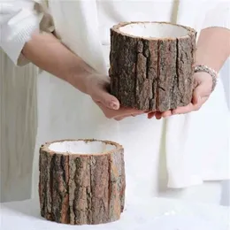 Trä växtpanna vintage rund bord dekorativ stil trä blomkruka falska träd bark saftiga växter kreativa behållare 210409240y