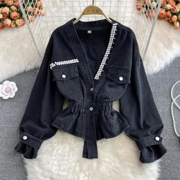 Damenjacken WDMSNA V-Ausschnitt Jean Jacke Herbst Winter 2023 Koreanische Lose Bf Frauen Mode Perlen Schlanke Taille Kurzes Top