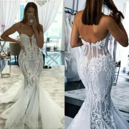 2023 Abiti da sposa a sirena Abito da sposa Applique in pizzo Perline Sweep Train Scollo a cuore Corsetto Indietro Custom Made Vestidos de novia Plus Size