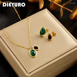 Halskette Ohrringe Set DIEYURO 316L Edelstahl Grün Schwarz Stein Anhänger Für Frauen Mädchen Mode Wasserdicht Schmuck