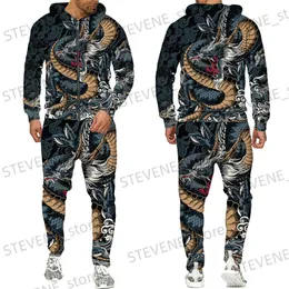 Masculinos Tracksuits Outono 3D Oriental Dragão Deus Impresso Mens Suéter Com Capuz Conjunto Masculino Japonês Samurai Tatuagem Zipper 3D Tracksuit Homens Roupas Terno T231122