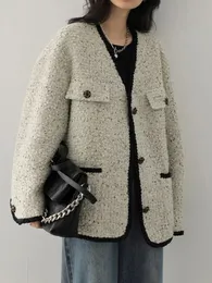 Womens Jackets Jmprs Y2K Tweed Jacket Harajuku Vintage Prep Style Simple Coat AutumnWinter Long Sleeve VNeck Button Top 231121