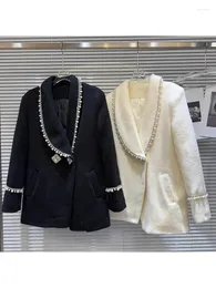 Ternos femininos high street est 2023 moda designer jaqueta pérola cravejado borda para baixo almofada de ombro de pelúcia longo blazer