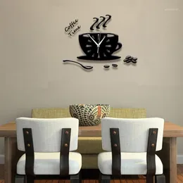 Creative 3D Acrylic Teapot Wall-Clock Coffee Cup Spoon Decorative Kitchen Clocks Dining Room Bedroom Home Decor Self Adhesive1263W
