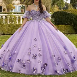 2024 Muhteşem Lavanta Tatlım Balosu Omuzdan 3D-Floral Dantel Boncuklar Tül 15 Kız Kadın Quinceanera Prom Elbiseler