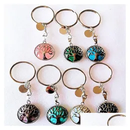 Keychains Lanyards Tree of Life Reiki Healing Natural Stone Keychains Chakra Amethyst Pink Rose Crystal Key Rings 여성 남성 Jewelry DHZ5G