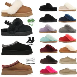 Senfkörner-Tazz-Hausschuhe für Damen, flauschige Tasman-Pelz-Hausschuhe, australische klassische Ultra-Mini-Plateaustiefel, Funkette-Slipper aus Schaffell, Winter-Designer-Ugglie-Hausschuhe