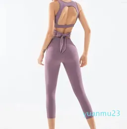 Yoga kläder bitar ärmlös snabbtorkande set tvärs rygglösa träningskläder för kvinnor båge bandage fitness kläder