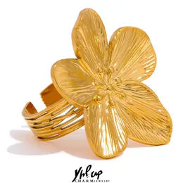 Pierścionki ślubne Yhpup Waterproof 18K Gold Color Stael Flower Big Otwarty Pierścień dla kobiet Trendy Fashion Party Summer oświadczenie 231121