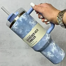 로고 DHL Quencher 40oz Tumbler Tie Dye 가벼운 블루 핑크 표범 핸들 뚜껑 밀짚 맥주 머그잔 물병 가루 코팅 야외 캠핑 컵 122