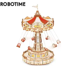 Decorative Objects Figurines Robotime Rokr Swing Ride DIY Music Box Building Block Amusement Park Series for Kids Adults Gift Easy Assembly 3D Wooden Puzzle 231122