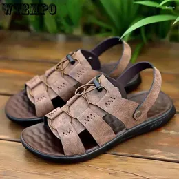 Sandals WTEMPO Genuine Leather Men's 2023 Top Layer Cowhide Beach Shoes Non-slip Dual Purpose Latex Insole