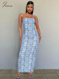 Casual Jurken Joskaa Mode Denim Afdrukken Strapless Maxi Jurk Dames Sexy Wrap Borst Backless Lichaamsvormend Gewaad Herfst 2023 Feest Clubwear