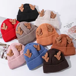 Christams Reonteer Antler編みBeanie Hat Cap Winter Crochet Cap Double Layer