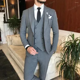 Erkek takım elbise gri 3 adet set erkekler smokin damat damat işçisi iş takım elbise düğün elbise özel günler ceket pantolon pantolon yelek