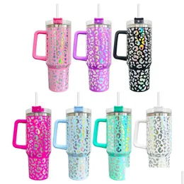 Tumblers 40Oz Ombre Gradient Shimmer Holographic Leopard Glitter Mugs Blank Sublimation Tumbler With Handle And St Fy5918 Drop Deliver Dh4C1