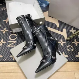 Women Ankle boots Heeled Shoes Boots Pointed Toes Luxury Designer stud buckle Thigh-High Boot Side Zipper Rivet Stiletto Heel Tall Boot