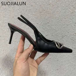 Kleidschuhe SUOJIALUN Frühling Neue Marke Frauen Sandale Mode Metall Schnalle Damen Elegante Kleid Slingback Schuhe Spitz Dünne Hohe Pumps