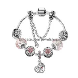 Braccialetti con ciondoli Braccialetti rosa Braccialetti Ciondolo cuore Pandor 925 Bracciale a catena serpente Sier Moda Perline di cristallo Gioielli con ciondoli per goccia Dhfdv